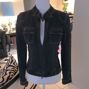 Express cropped cotton denim moto jacket